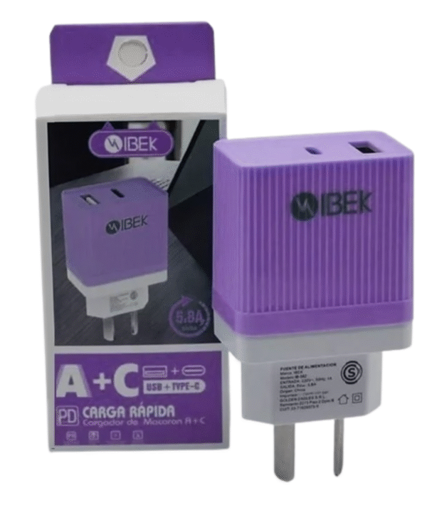 Cargador Cabezal Doble USB-A + USB-C PD CARGA RAPIDA 5.8A IBEK