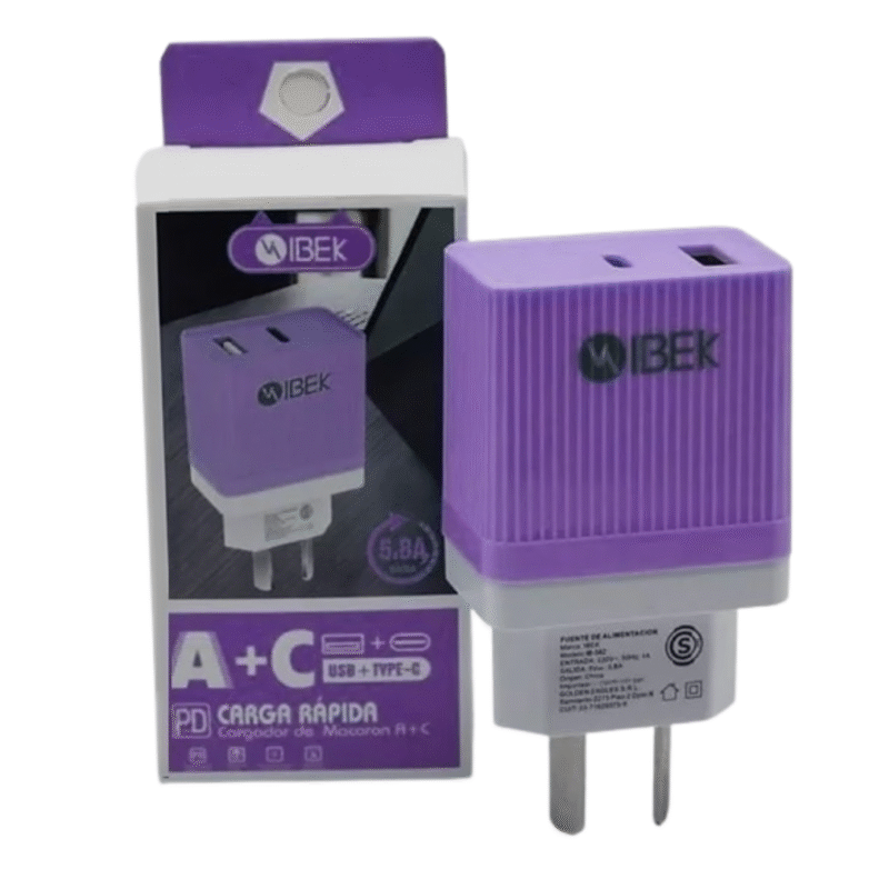 Cargador Cabezal Doble USB-A + USB-C PD CARGA RAPIDA 5.8A IBEK
